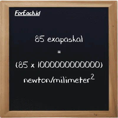 Cara konversi exapaskal ke newton/milimeter<sup>2</sup> (EPa ke N/mm<sup>2</sup>): 85 exapaskal (EPa) setara dengan 85 dikalikan dengan 1000000000000 newton/milimeter<sup>2</sup> (N/mm<sup>2</sup>)